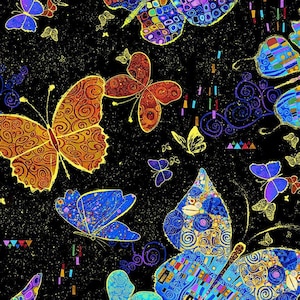 Könnte beinhalten: Ein schwarzer Hintergrund mit bunten Schmetterlingen in verschiedenen Mustern und Designs. Die Schmetterlinge sind in Blautönen, Gelb, Orange und Grün gehalten. Die Schmetterlinge sind in einem zufälligen Muster angeordnet.