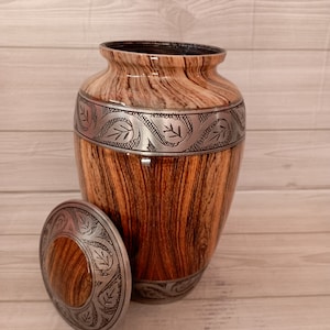 Cremation Urn for Human Ashes, Metal Urn , Adult Funeral Urn Handcrafted (Adult (200 lbs) 10.5 x 6 “, Lovely Wooden Design Urn