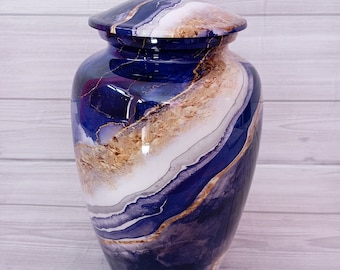 Handgefertigte Aluminium Urne: Blau Gold Swirl, Urne für Erwachsene