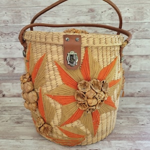 Vintage Handmade Woven Straw Basket or Handbag with Straw Flowers and Yarn Embellishments   10" x 11"