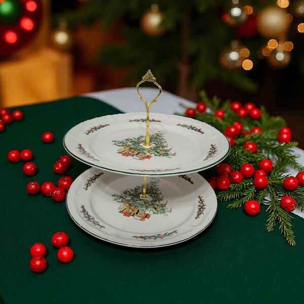 2-stöckiges weihnachtliches Serviertablett Leckerbissen: Stechpalmen- & Baumdekor