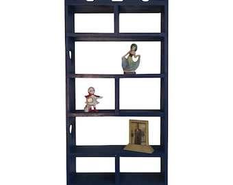 Vintage Blue Wooden  Wall Knick Knack Collectibles Display Shelf Heart Cut Outs