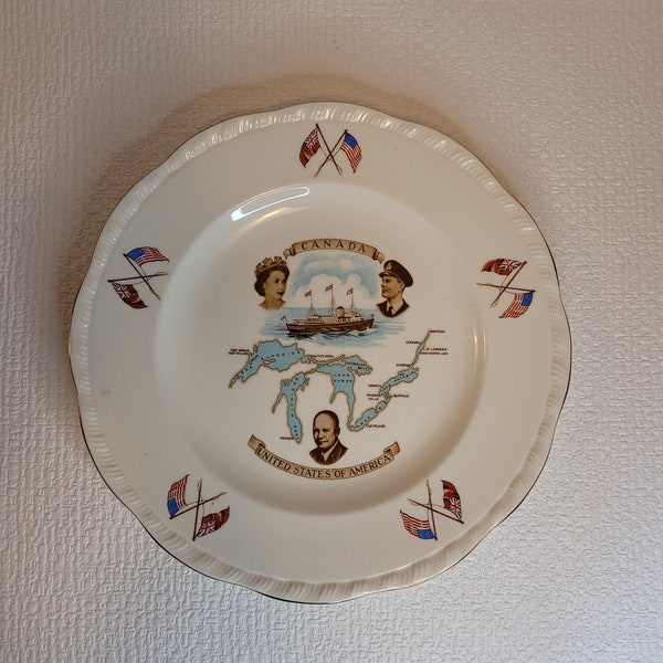 Vintage Queen Elizabeth II and President Eisenhower opening of the St. Lawrence Seaway in Souvenir Plate 1959 10"