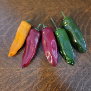 Artificial Food  Set of 5 Faux Green,  Red, Yellow Banana Peppers  5"