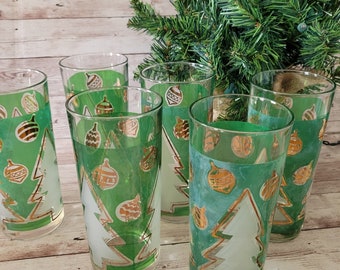 Vintage set of 6 Italy Frosted Green Christmas  Drinking Glasses  6"