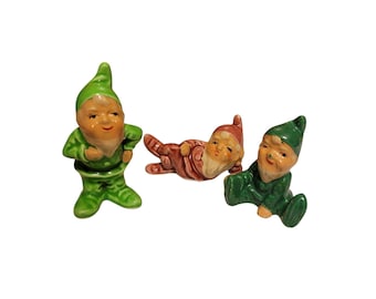 Ensemble de 3 gnomes elfes Enesco vintage dans diverses poses Fabriqué au Japon