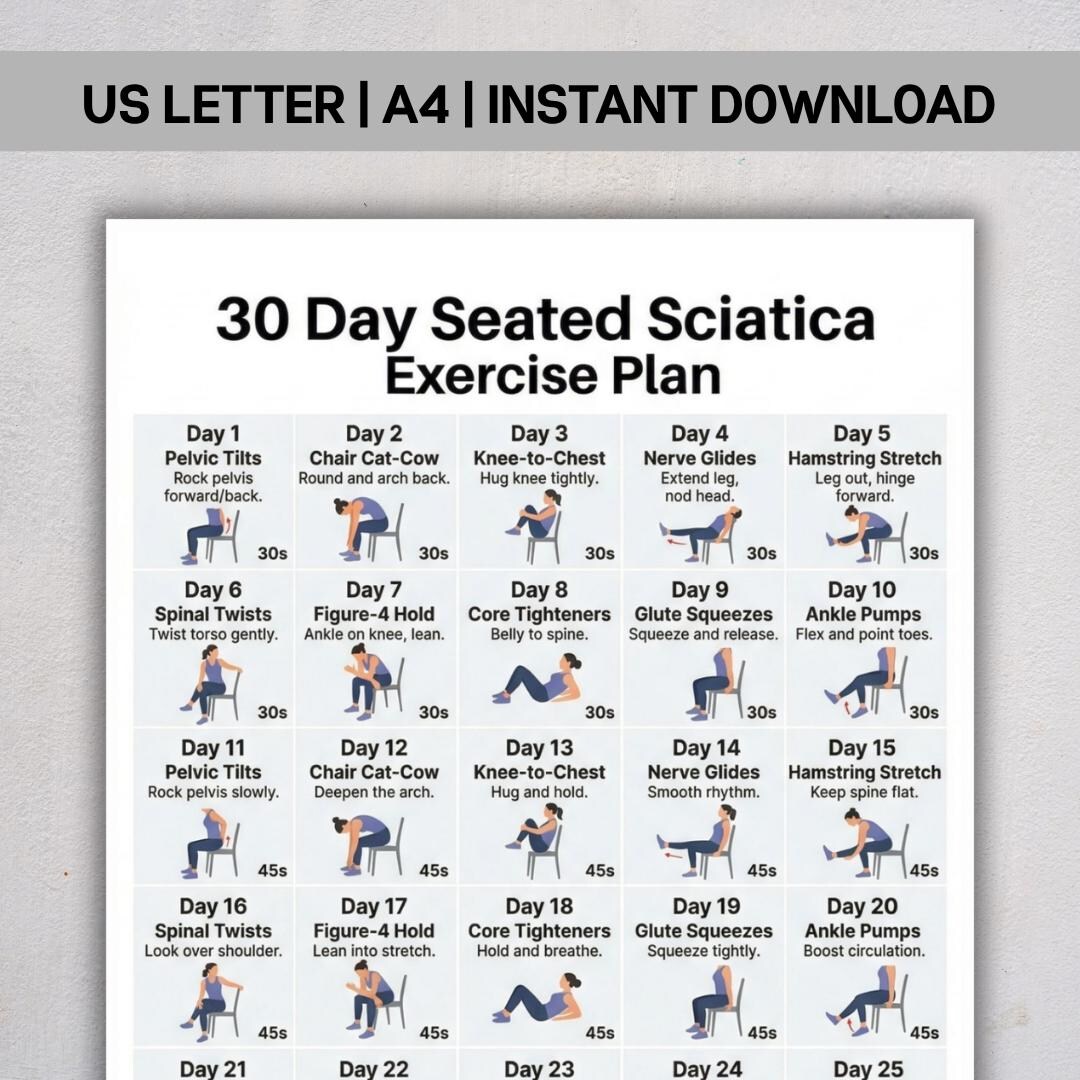 Post Scad Exercise Plan.pdf 30 Day Seated Sciatica Exercise Plan PDF, Sciatica Pain Relief, Chair ...