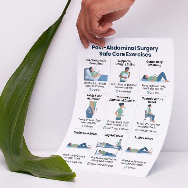 May include: A white paper with the title "Post-Abdominal Surgery Safe Core Exercises" is held by a hand. The paper features diagrams and instructions for exercises, including breathing techniques, pelvic floor activation, and seated posture reset.