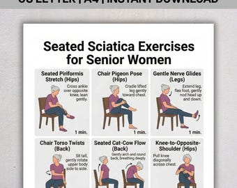 Seated Sciatica Exercises for Senior Women PDF, Chair Stretches, Back Pain Relief, Gentle Senior Mobility Chart, Instant Download