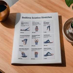 May include: A white printed guide titled "Bedtime Sciatica Stretches" with illustrated exercises. The guide includes diagrams and instructions for various stretches, such as "Relaxing Nerve Glide" and "Soft Arm Hug". The guide is on a wooden surface.