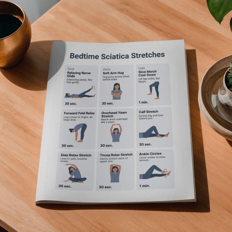 May include: A white printed guide titled "Bedtime Sciatica Stretches" with illustrated exercises. The guide includes diagrams and instructions for various stretches, such as "Relaxing Nerve Glide" and "Soft Arm Hug". The guide is on a wooden surface.