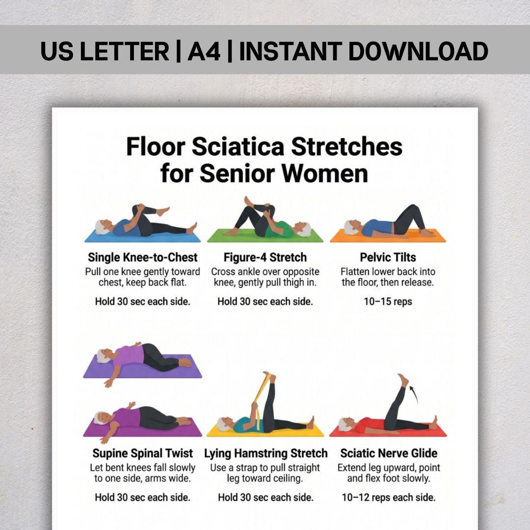 Floor Sciatica Stretches for Senior Women PDF, Lower Back Pain Relief ...
