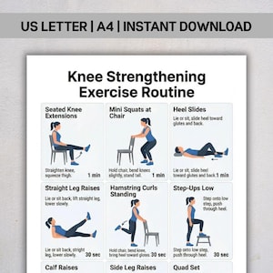 Pode incluir: Um guia imprimível de rotina de exercícios para fortalecer os joelhos. Inclui ilustrações e instruções para exercícios como extensões de joelho sentado, mini agachamentos, deslizamentos de calcanhar e elevações de pernas.