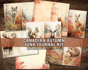 Canadian Autumn Junk Journal Kit, Digital Download, Printable Pages, Fall Journal, November, Wildlife, Nature, Scrapbook Paper, Watercolor