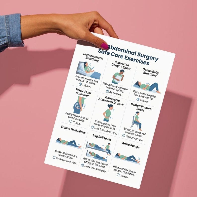 May include: A white paper titled "Abdominal Surgery Safe Core Exercises" is held by a hand with pink nail polish. The paper features illustrations and instructions for various exercises, including breathing techniques and pelvic floor activation.