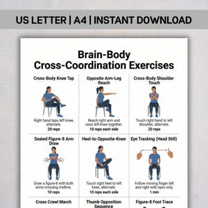 Może przedstawiać: Biały plakat informacyjny zatytułowany Brain-Body Cross-Coordination Exercises przedstawiający sześć ilustrowanych siedzących postaci wykonujących ćwiczenia takie jak Cross-Body Knee Tap, Opposite Arm-Leg Reach i Eye Tracking wraz z instrukcjami.