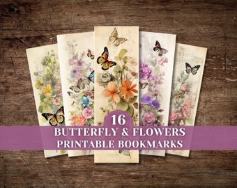 Vintage Butterfly & Flowers Printable Bookmark Set, Digital Download, Ephemera Kit, Embellishment, Botanical, Garden, Cottagecore, Scrapbook