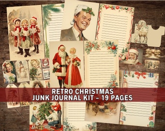 Retro Christmas Junk Journal Kit, Digital Download, Printable Pages, 1950s Vintage Christmas Ephemera, Scrapbook, Collage