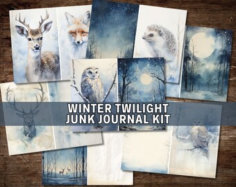 Winter Twilight Junk Journal Kit, Digital Download, Printable Pages, Wonderland Animals, December, January, Scrapbook Paper, Watercolor