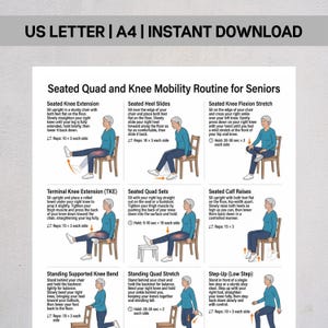 May include: A white informational poster titled Seated Quad and Knee Mobility Routine for Seniors, featuring nine illustrated exercises with text instructions, repetition counts, and diagrams of a person in a blue shirt performing movements on a chair.