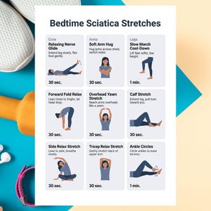 May include: A white sheet with the text "Bedtime Sciatica Stretches" and illustrations of various stretches. The stretches include core, arms, and legs exercises, each with a time duration. A pair of white sneakers and an orange dumbbell are visible.