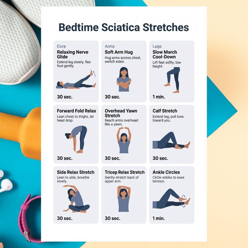 May include: A white sheet with the text "Bedtime Sciatica Stretches" and illustrations of various stretches. The stretches include core, arms, and legs exercises, each with a time duration. A pair of white sneakers and an orange dumbbell are visible.