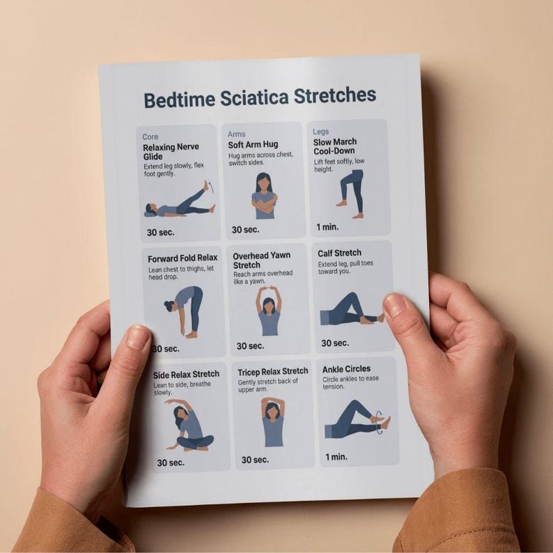 May include: A white paper titled "Bedtime Sciatica Stretches" is held by hands. The paper features illustrations and instructions for various stretches, including "Relaxing Nerve Glide" and "Soft Arm Hug". Each stretch is timed, with durations like 30 seconds and 1 minute.
