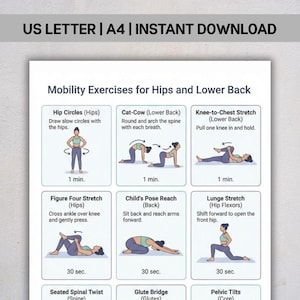 Op de afbeelding: Een witte, bedrukbare poster met de tekst "US LETTER | A4 | INSTANT DOWNLOAD" bovenaan. De poster bevat illustraties van mobiliteitsoefeningen voor heupen en onderrug, waaronder Hip Circles, Cat-Cow en Knee-to-Chest Stretch.