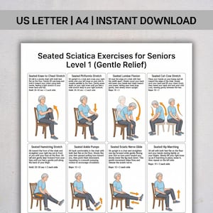 May include: A digital instructional chart titled Seated Sciatica Exercises for Seniors Level 1 featuring eight illustrated diagrams of a person in a blue shirt performing seated stretches with descriptive text and repetition counts for each exercise.