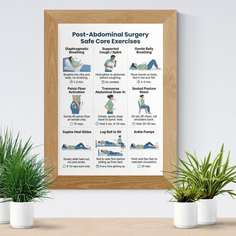 May include: A framed poster with the title "Post-Abdominal Surgery Safe Core Exercises" and illustrations of various exercises. The poster includes instructions for breathing, pelvic floor activation, and other movements. The frame is a light brown color.