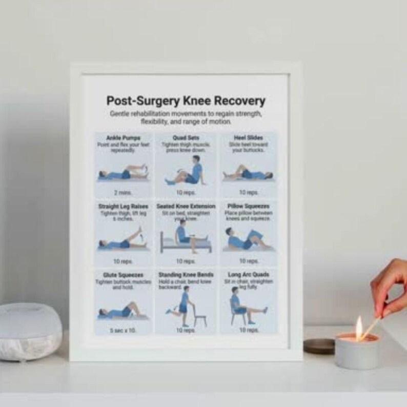 K&ouml;nnte beinhalten: Ein gerahmter Druck mit dem Titel "Post-OP-Knie-Erholung" mit &Uuml;bungsillustrationen. Die &Uuml;bungen umfassen Kn&ouml;chel-Pumps, Quadrizeps-Sets, Fersengleiten, gerades Beinheben, Kniebeugen im Sitzen, Kissen-Quetschen usw.
