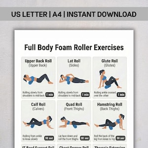 Op de afbeelding: Een witte, afdrukbare gids getiteld "Full Body Foam Roller Exercises" met illustraties die verschillende oefeningen demonstreren. De gids bevat instructies voor oefeningen voor de bovenrug, lat, bilspieren, kuiten, quadriceps en hamstrings, met tijdsduur.