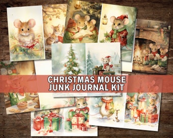 Christmas Mouse Junk Journal Kit, Digital Download, Printable Pages, Festive Junk Journal, Fairytale Christmas, Scrapbook Paper, Watercolor