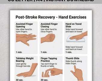 PDF de ejercicios para la recuperación de la mano tras un ictus, ejercicios de rehabilitación de la mano, entrenamiento de movilidad de los dedos, tabla de ejercicios de rehabilitación tras un ictus, descarga instantánea.