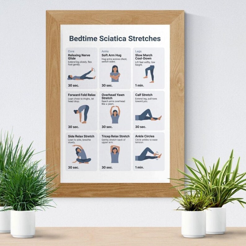 May include: A framed print titled "Bedtime Sciatica Stretches" with illustrations of various exercises. The print is in a light brown wooden frame and includes instructions for each stretch. The image is displayed on a light-colored surface with potted plants.