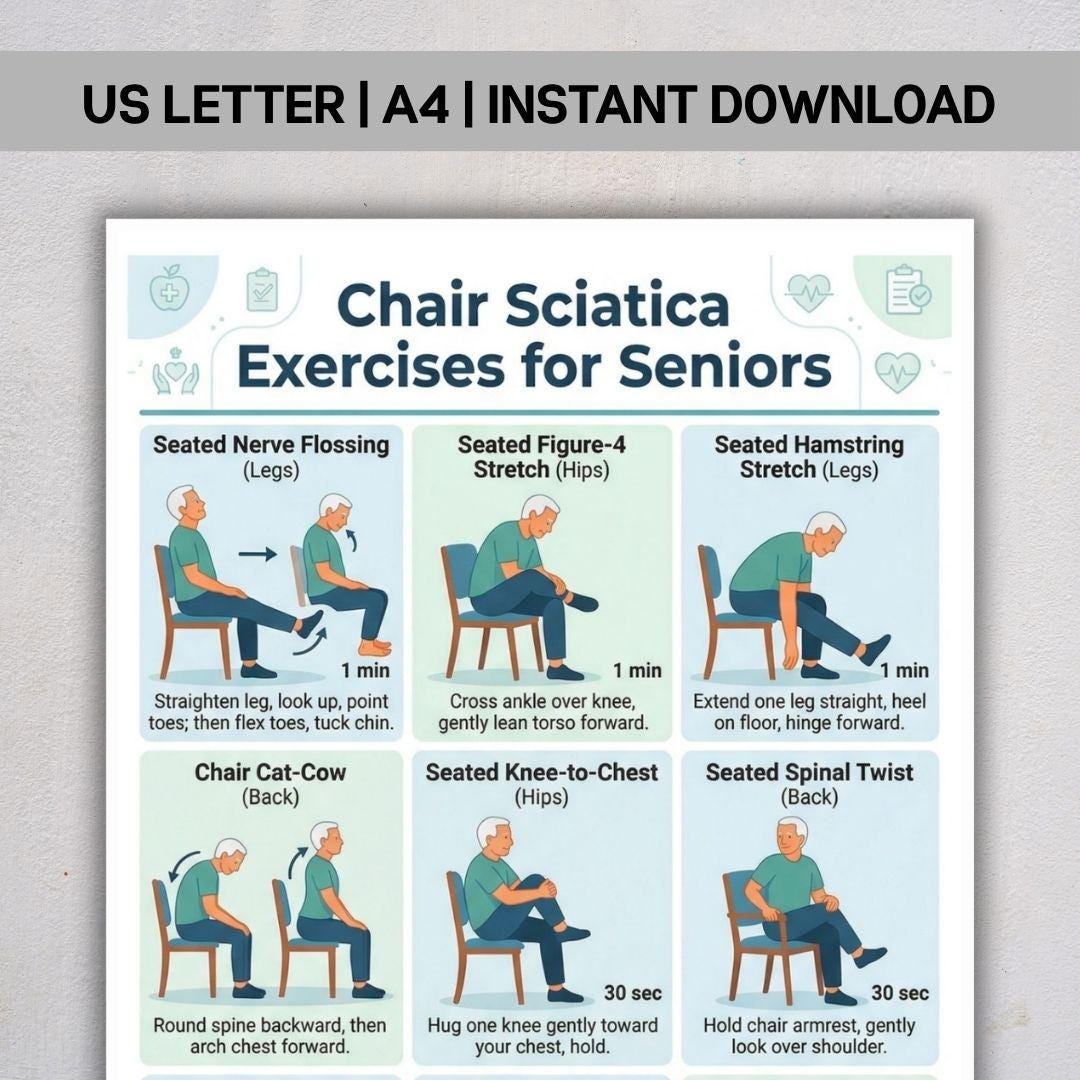 Chair Sciatica Exercises for Seniors PDF, Seated Stretch Routine, Lower ...