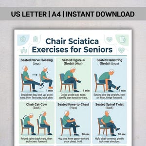 Stoel ischias oefeningen voor senioren pdf, zittende stretchroutine, verlichting van lage rugpijn, senior fitnessgrafiek, directe download