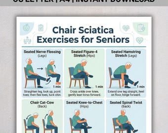 Chair Sciatica Exercises for Seniors PDF, Seated Stretch Routine, Lower Back Pain Relief, Senior Fitness Chart, Instant Download