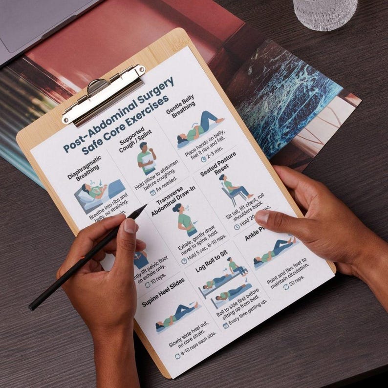 May include: A wooden clipboard with a printed guide titled "Post-Abdominal Surgery Safe Core Exercises" is held by a person. The guide features illustrations and instructions for various exercises, including breathing techniques and stretches. A pen is held over the guide.