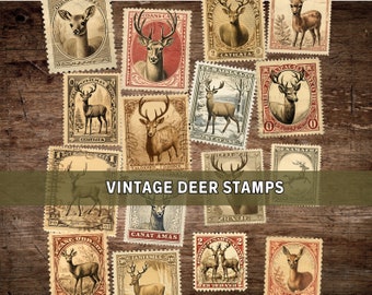 Fake Vintage Deer Stamps, Junk Journal Kit, Digital Download, Printable Pages, Victorian Style, Vintage Ephemera, Christmas, Scrapbook