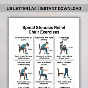 Puede incluir: Una guía imprimible titulada "Ejercicios en silla para el alivio de la estenosis espinal" con ilustraciones que demuestran ejercicios. La guía incluye instrucciones para la flexión hacia adelante sentada, el apoyo de los brazos, los abrazos de rodillas, etc.