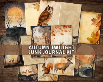 Autumn Twilight Junk Journal Kit, Digital Download, Printable Pages, Fall Journal, November, Scrapbook Paper, Watercolor