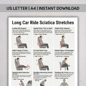 May include: A white informational poster titled Long Car Ride Sciatica Stretches with black text and illustrations showing nine different exercises for drivers and passengers, including seated and standing movements for back and hip relief.