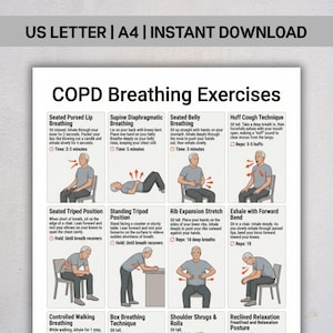 Könnte beinhalten: Ein weißes Informationsplakat mit dem Titel COPD Breathing Exercises, das acht illustrierte Felder mit Anleitungen für verschiedene Techniken wie Lippenbremse, Bauchatmung und die Huff-Husten-Technik enthält.