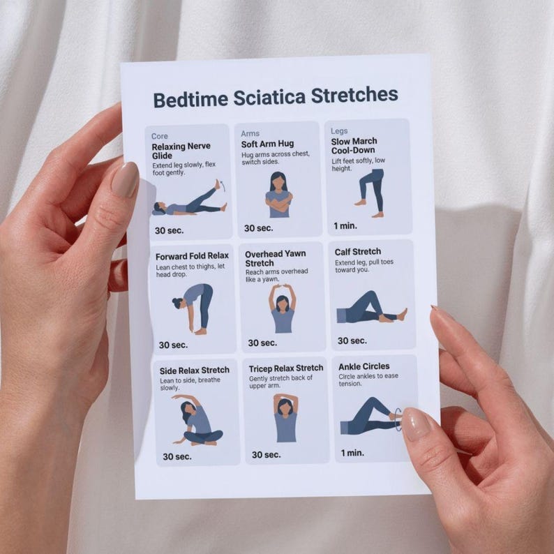 May include: A white printed sheet titled "Bedtime Sciatica Stretches" with illustrations of various stretches. The sheet is held by hands with manicured nails. The stretches include core, arm, and leg exercises.