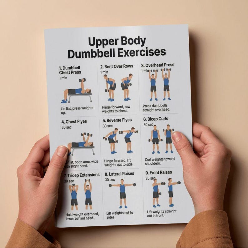 Upper Body Dumbbell Exercises, Printable Workout Chart PDF, Home ...