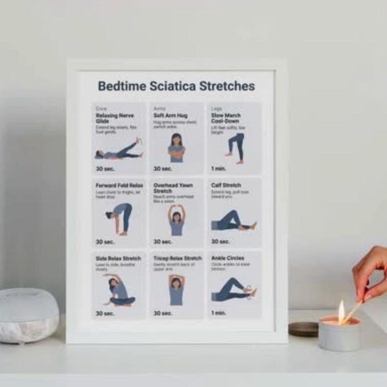 May include: A framed print titled "Bedtime Sciatica Stretches" with illustrations of various stretches. The print is in a white frame and sits on a white surface. A lit candle is next to the frame.