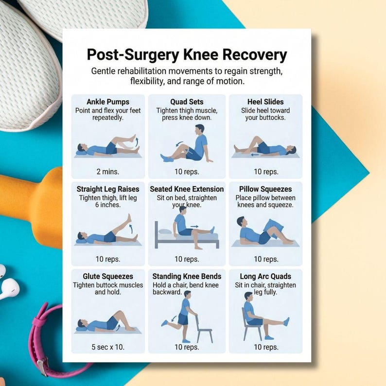 K&ouml;nnte beinhalten: Ein wei&szlig;es Poster mit dem Titel "Post-OP-Knie-Erholung" mit &Uuml;bungsillustrationen. &Uuml;bungen umfassen Kn&ouml;chel-Pumps, Quad-Sets, Fersen-Slides, Beinheben, Kniebeugen im Sitzen, Kissen-Quetschen usw.