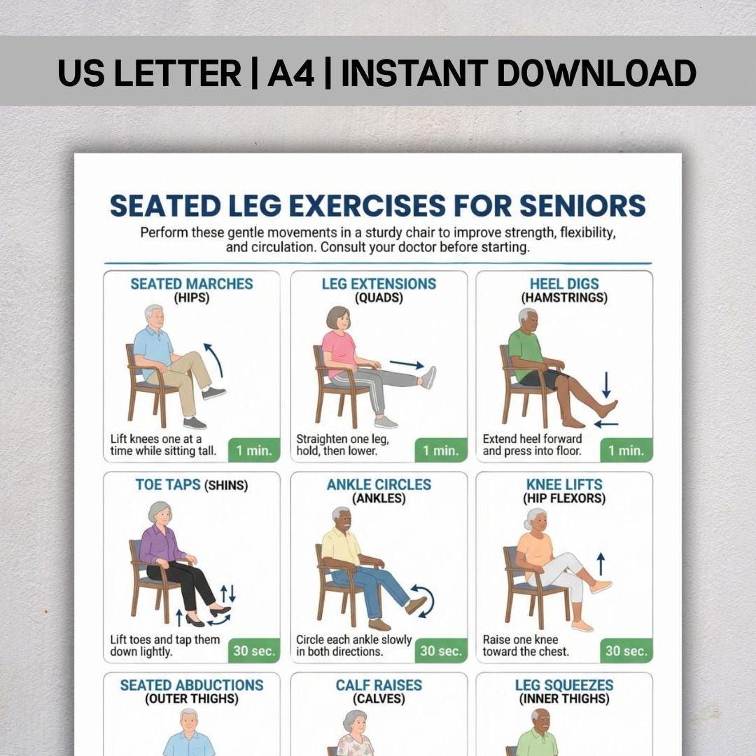 Seated Leg Exercises Printable PDF, Chair Leg Workout Chart, Low Impact ...