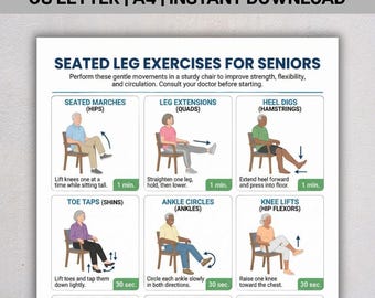 Zittende beenoefeningen afdrukbare pdf, stoelbeentrainingstabel, beenoefeningen met lage impact, zachte beenversterking, directe download